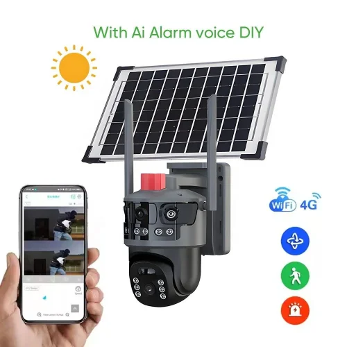 IP Соларна Камера HY-ZS33-4G 8MP 1080P с 3 обектива ( APP: V380 PRO ) HD 360 градуса с микрофон и високоговорител и LED светлина