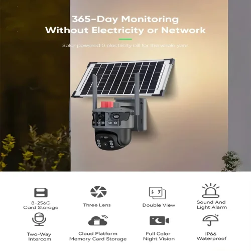 IP Соларна Камера HY-ZS33-4G 8MP 1080P с 3 обектива ( APP: V380 PRO ) HD 360 градуса с микрофон и високоговорител и LED светлина