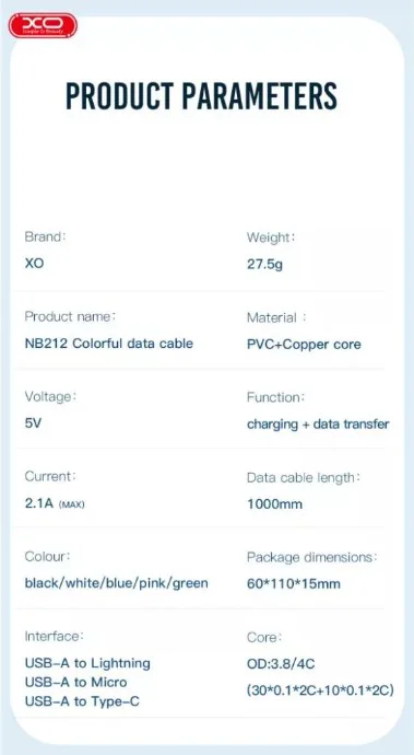 Кабел XO-NB212 Fast 2.1A USB към Type-C – Бял