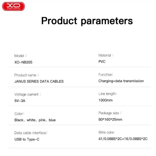 Кабел XO-NB265 Fast 3A USB към Type-C 1M – Бял