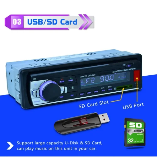 Касетофон за кола JSD-520 240W. със Bluetooth/Радио/Mp3/USB/SD