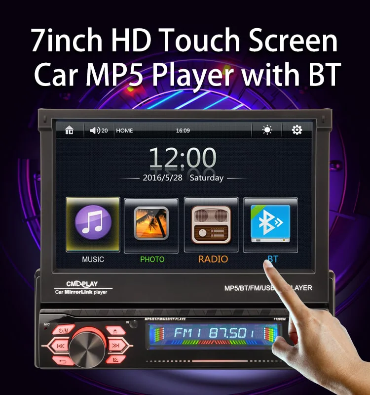 Касетофон за кола със 7″ Дисплей- 7130 + Евро букса MP5 Bluetooth / Радио / Mp3/ USB / SD