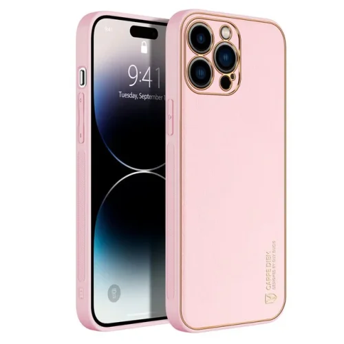 Кожен кейс със силикон отстрани + камера TP-35 iPhone 14 – Розов