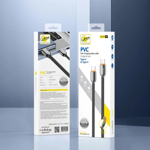 L✮STAR LS-21 Кабел за Телефон 60W Fast Type-C към Type-C – Черен