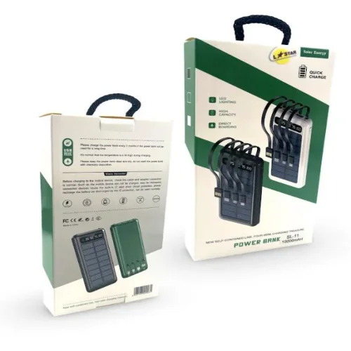 L✮STAR SL-11 4в1 Соларно преносимо зарядно с вградени кабели – 10,000MAH – Черен