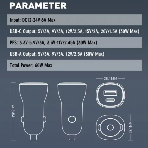 LDNIO 12V C103 60W 2изх. 1xPD30W1xUSB-A30W с кабел USB-C към USB-C