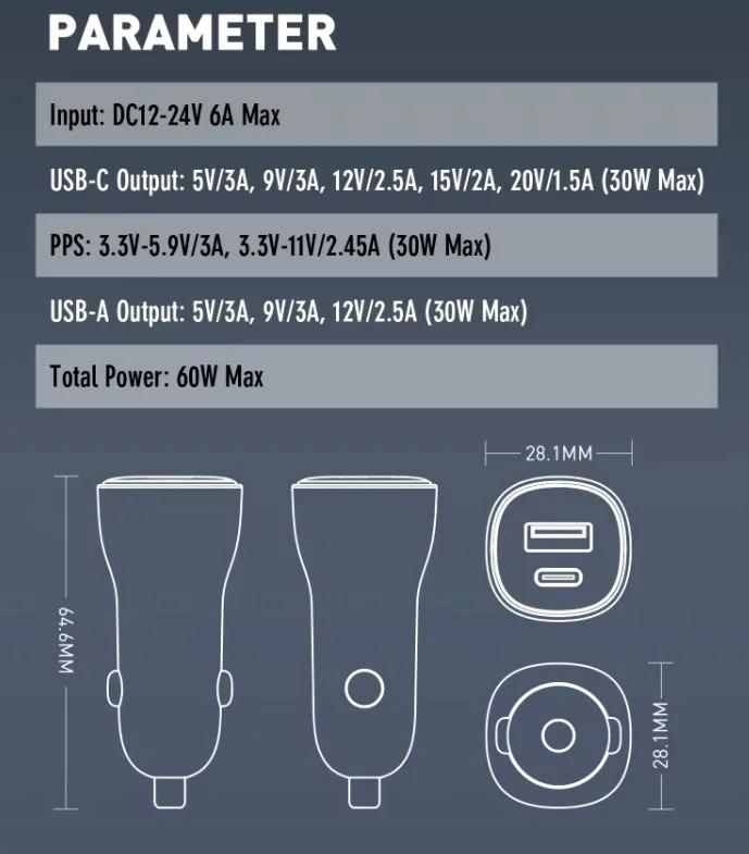 LDNIO 12V C103 60W 2изх. 1xPD30W1xUSB-A30W с кабел USB-C към USB-C