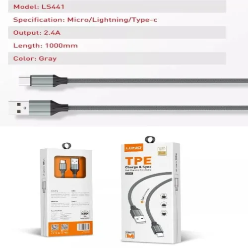 LDNIO Кабел LS441 1M 2.4A Fast USB към Type-C