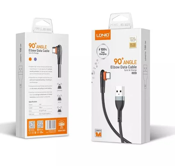 LDNIO Кабел LS561 2.4A 90 градусов Fast USB към Lightning