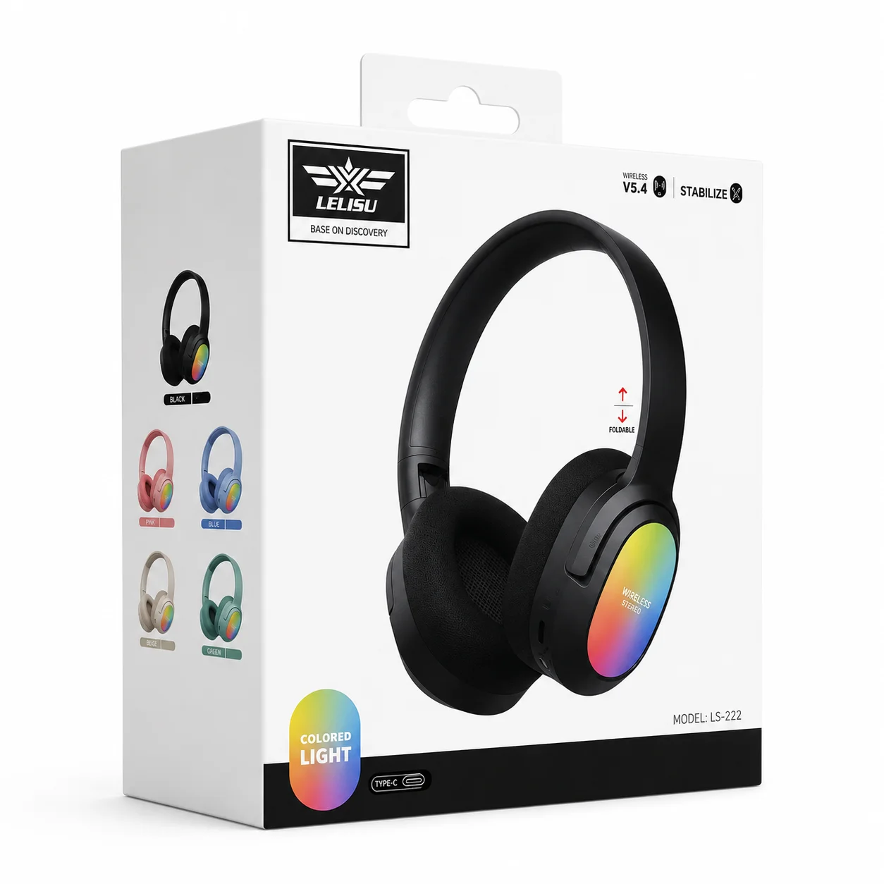 LELISU LS-257 – Черен Безжични Bluetooth слушалки V5.4 с RGB осветление, Type-C, до 10 часа работа