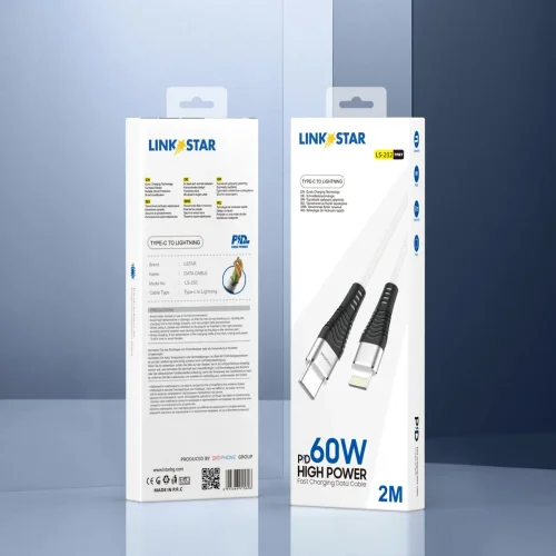 LINK★STAR LS-232 100W Плетен Type-C към Lightning кабел 2M Fast Charge – Бял