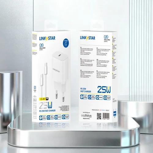 LINK★STAR LS-48 25W USB-C PD бързо зарядно Type-C към Type-C – Бял