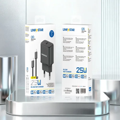LINK★STAR LS-48 25W USB-C PD бързо зарядно Type-C към Type-C – Черен
