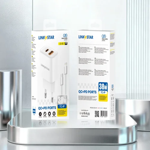 LINK★STAR LS-82 38W USB-C PD + USB-A QC бързо зарядно Type-C към Ligthning