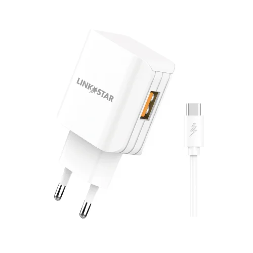 LINK★STAR TC-9 3.0A Бързозаряден USB 220V с Lightning кабел – Бял