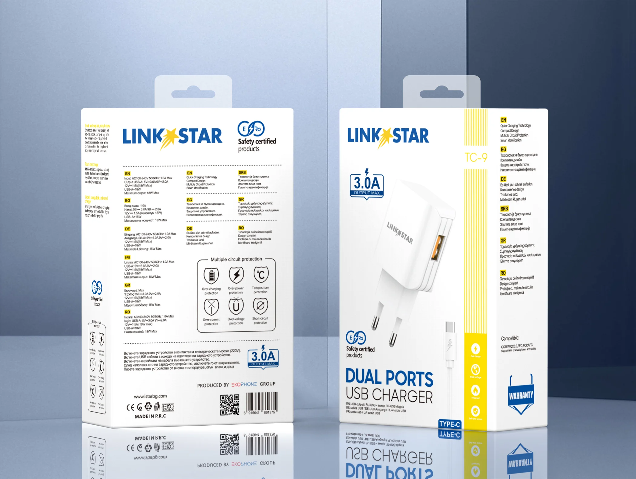 LINK★STAR TC-9 3.0A Бързозаряден USB 220V с Type-C кабел – Бял