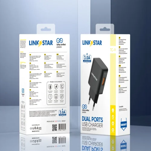 LINK★STAR TC-9 3.0A Бързозаряден USB Адаптер 220V – Черен