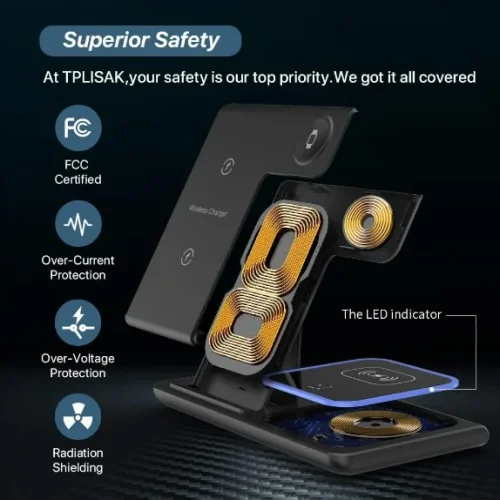 LS29 3 in 1 Сгъваема Безжична магнитна зарядна станция – Черен 18 W, съвместима с iPhone 14/13/12/11, AirPods, i-Watch