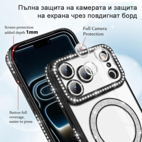 Луксозен калъф с кристали за iPhone 18 Pro черен защита на камерата