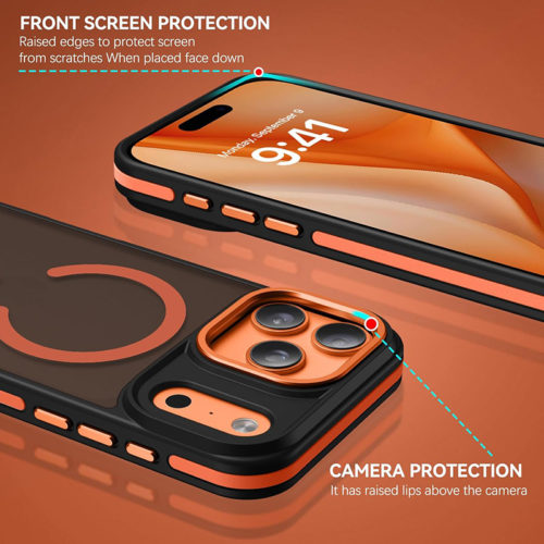 Луксозен магнитен калъф за iPhone 18 Pro оранжев защита на камера и дисплей