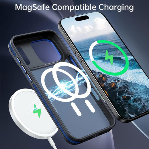 Луксозен магнитен калъф за iPhone 18 Pro син безжично зареждане
