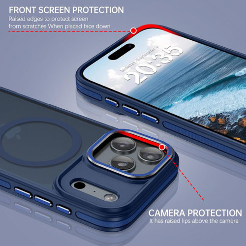 Луксозен магнитен калъф за iPhone 18 Pro син защита на камера и дисплей