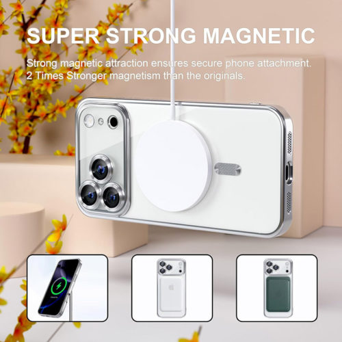 Луксозен прозрачен калъф за iPhone 18 Pro Max сребърен безжично зареждане