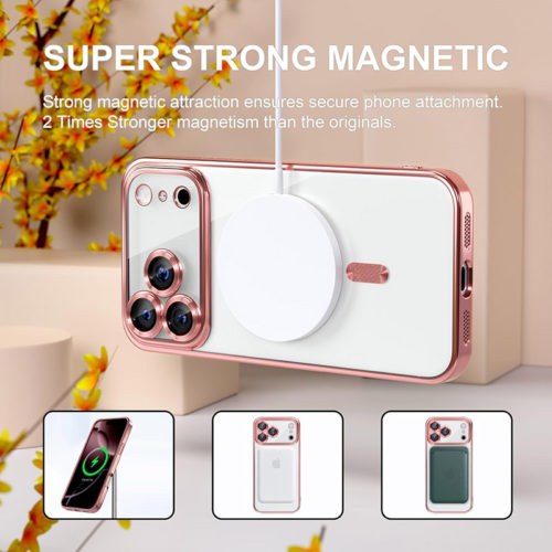 Луксозен прозрачен калъф за iPhone 18 Pro розов безжично зареждане