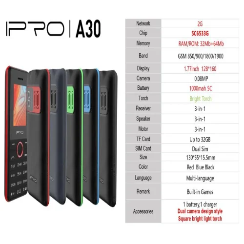 Мобилен телефон IPRO A30 + БГ МЕНЮ /2G/32 + 64MB/1.77inch/0.08MP/600mAh/Dual Sim/Фенер – Черен