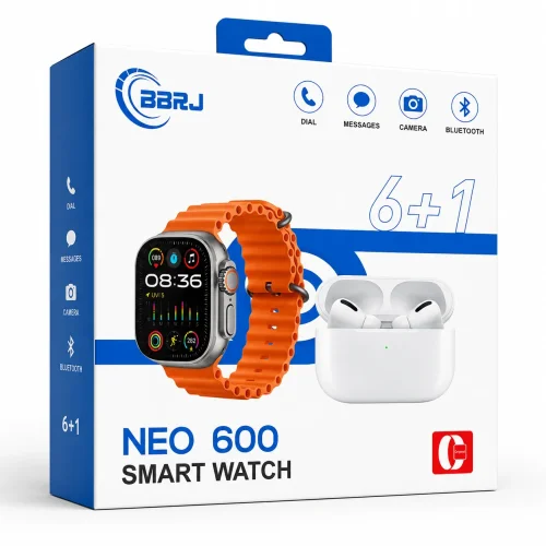 NEO 600 Smart Watch 6 + 1 – Смарт часовник с Bluetooth разговори, безжични слушалки и 4 допълнителни каишки