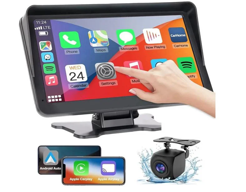 Преносим 7″ безжичен CarPlay и Android Auto екран C690 за автомобил – тъчскрийн с Bluetooth, GPS, камера за заден ход, AUX и FM трансмитер