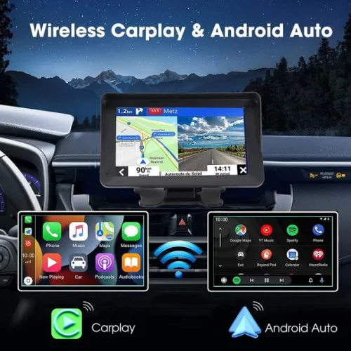 Преносим 7″ безжичен CarPlay и Android Auto екран C690 за автомобил – тъчскрийн с Bluetooth, GPS, камера за заден ход, AUX и FM трансмитер