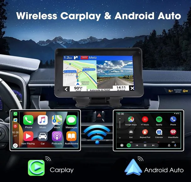 Преносим 7″ безжичен CarPlay и Android Auto екран C690 за автомобил – тъчскрийн с Bluetooth, GPS, камера за заден ход, AUX и FM трансмитер