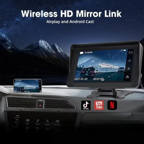 Преносим 7″ безжичен CarPlay и Android Auto екран C690 за автомобил – тъчскрийн с Bluetooth, GPS, камера за заден ход, AUX и FM трансмитер