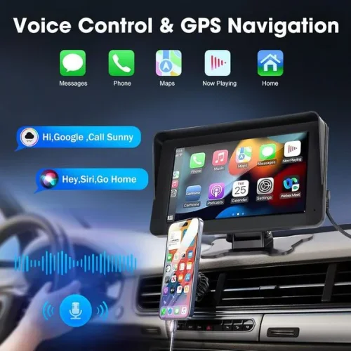 Преносим 7″ безжичен CarPlay и Android Auto екран C690 за автомобил – тъчскрийн с Bluetooth, GPS, камера за заден ход, AUX и FM трансмитер