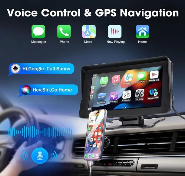 Преносим 7″ безжичен CarPlay и Android Auto екран C690 за автомобил – тъчскрийн с Bluetooth, GPS, камера за заден ход, AUX и FM трансмитер