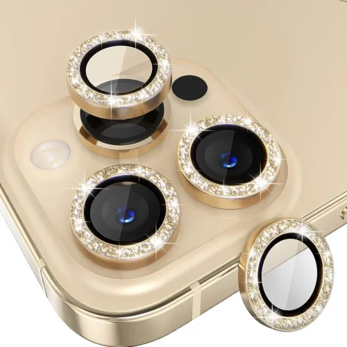 Протектор с камъни за Камера (iPhone 15 Pro) 15 Pro Max – Златист