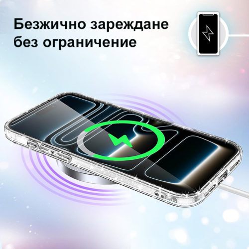 Прозрачен бляскав калъф за iPhone 18 Pro Max безжично зареждане