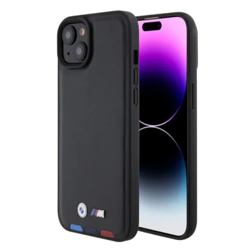 PTDK 3350 BMW iPhone 15 & 14 Plus естествена кожа заден капак – трицветен печат – черен