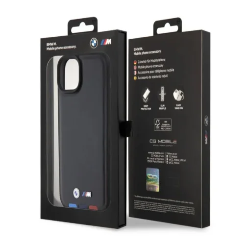 PTDK 3350 BMW iPhone 15 & 14 Plus естествена кожа заден капак – трицветен печат – черен