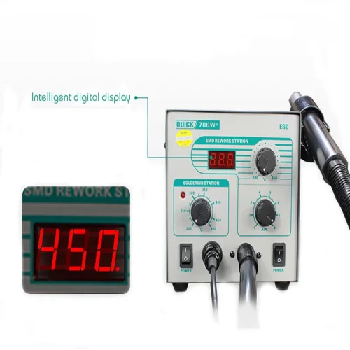QUICK 706W + Цифров дисплей Пистолет за горещ въздух + Поялник Антистатична температура Безоловна станция за преработка 2 в 1 с 3 дюзи