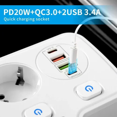 Разклонител BKL-503EU (черен) Overload Protection 3250W, 100-250V, 50/60Hz, QC PD 20W с Тъч