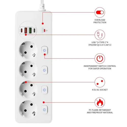 Разклонител BKL-504EU Overload Protection 3250W, 100-250V, 50/60Hz, QC PD 20W , бял