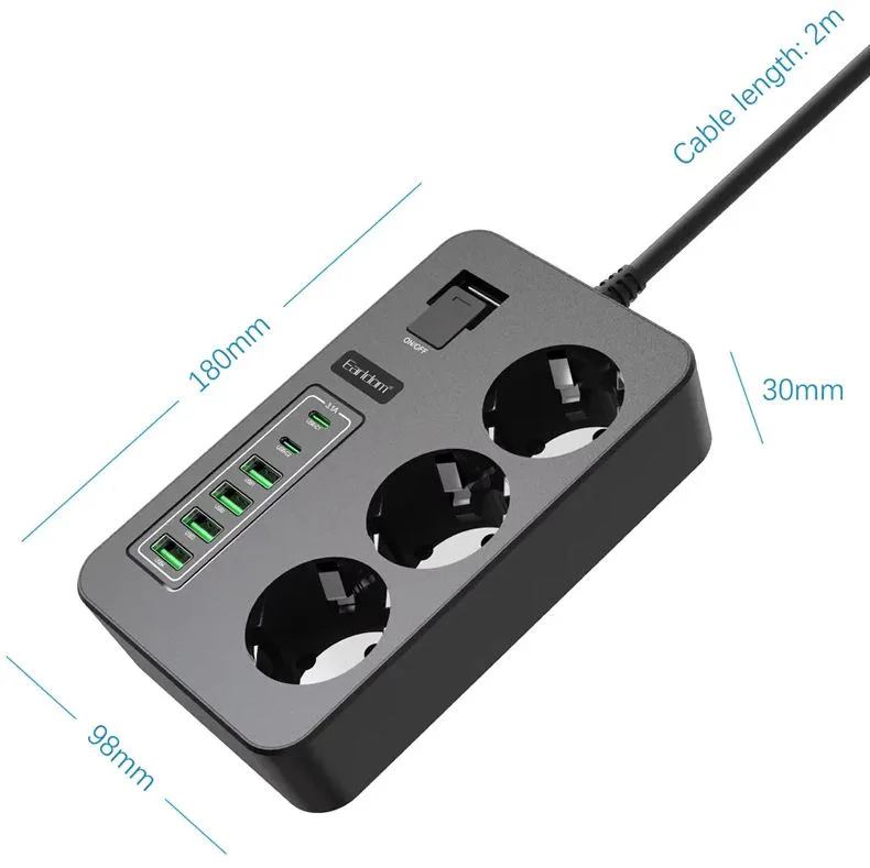 Разклонител Earldom ES-SC14 – 3 контакта, 4×USB-A, 2×USB-C, 3000W, 16A, кабел 2 м