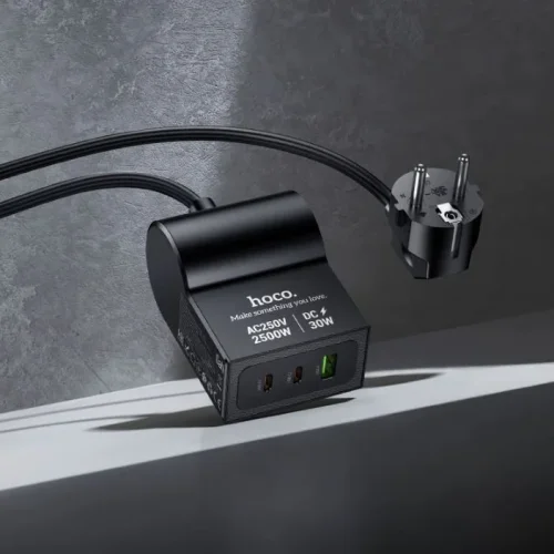 Разклонител HOCO AC33 – 1 контакт, 2×USB-C, 1×USB-A, PD 30W, 2500W, кабел 1.5 м