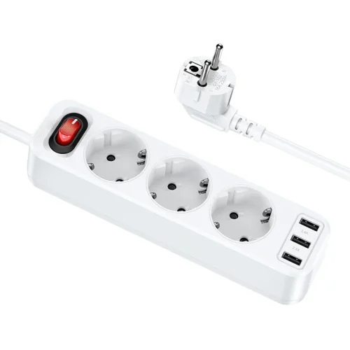 Разклонител HOCO NS2 с 3 гнезда + 3 USB порта 2.4A 4000W – Бял