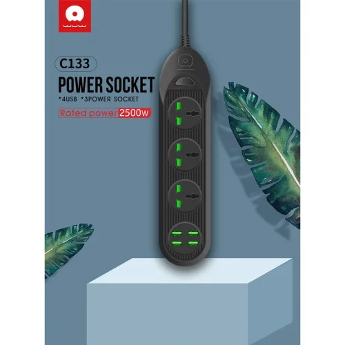 Разклонител WUW C133 с 3 гнезда И 4 USB порта 2.1A 2500W