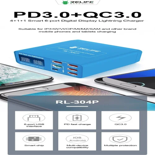 RELIFE PD 3.0 RL-304P БЪРЗО ЗАРЯДНО УСТРОЙСТВО SMART 6-ПОРТОВО ЦИФРОВО ДИСПЛЕЙ ЗА МЪЛНЕНИЕ