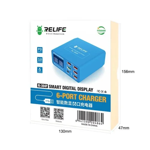 RELIFE PD 3.0 RL-304P БЪРЗО ЗАРЯДНО УСТРОЙСТВО SMART 6-ПОРТОВО ЦИФРОВО ДИСПЛЕЙ ЗА МЪЛНЕНИЕ