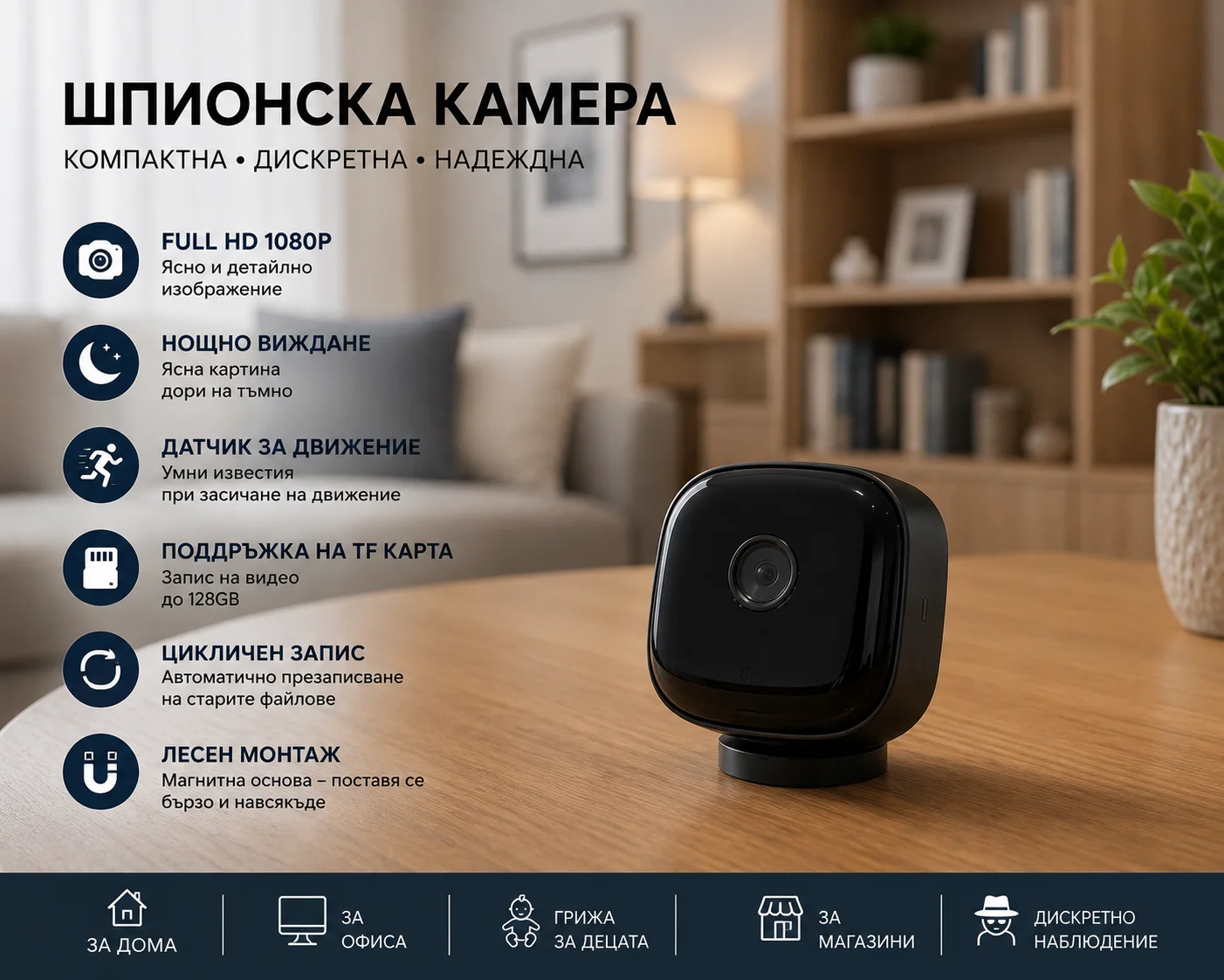 S1 Мини WiFi IP камера ( APP:Z-IOT CAM ) Full HD, нощно виждане, датчик за движение и магнитна стойка